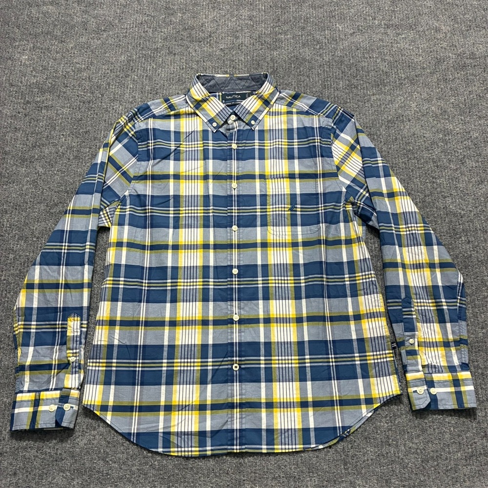 Nautica Mens‎ Button Down Shirt L Blue Yellow Plaid Classic Stretch Long Sleeve